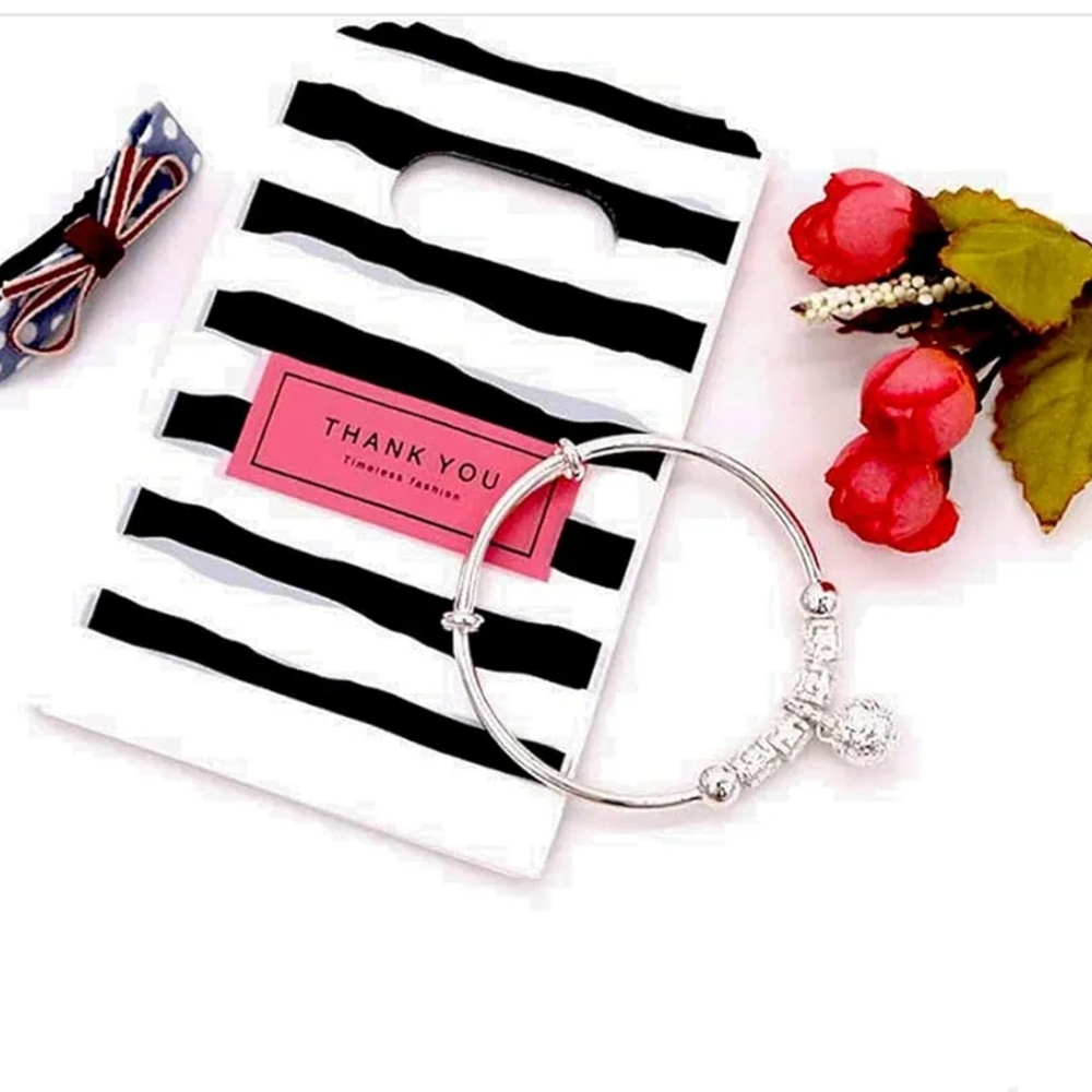 30 Small Black & White Thank You Gift Bags- 3.5" x 5.9"  Plastic with Handles